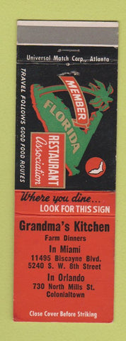 Matchbook Cover - Grandma's Kitchen Orlando Miami FL