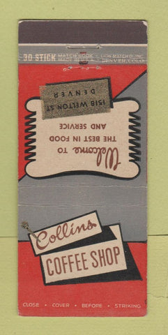 Matchbook Cover - Collins Coffee Shop Denver Colorado 30 Stick