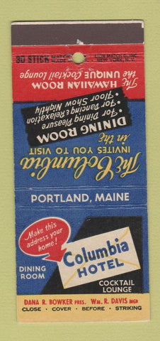 Matchbook Cover - Columbia Hotel Portland ME 30 Stick