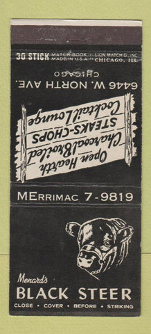 Matchbook Cover - Menard's Black Steer Chicago IL 30 Stick
