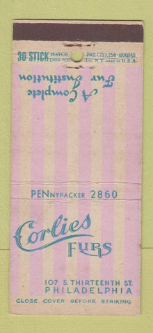 Matchbook Cover - Corlies Furs Philadelphia PA 30 Stick