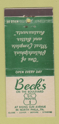 Matchbook Cover - Beck's Restaurant North Philadelphia PA 30 Stick