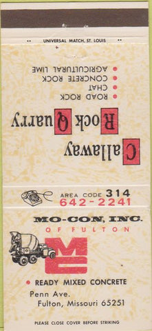 Matchbook Cover - Callaway Rock Quarry Concrete Fulton MO 30 Strike