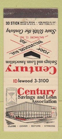 Matchbook Cover - Century Savings and Loan Baltimore MD 30 Stick