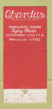 Matchbook Cover - Chardas New York City Hungarian 30 Stick