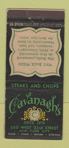 Matchbook Cover - Cavanagh's New York City restaurant 30 Stick