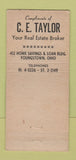 Matchbook Cover - CE Taylor Real Estate Youngstown OH WEAR 30 Stick