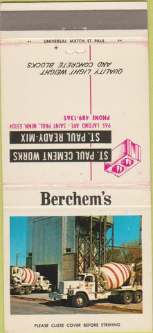 Matchbook Cover - Berchem's Concrete cement Saint Paul MN 30 Strike