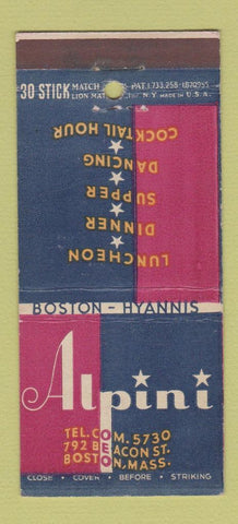 Matchbook Cover - Alpini Boston Hyannis MA restaurant 30 Stick