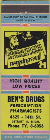 Matchbook Cover - Ben's Drugs Detroit MI