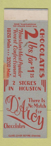 Matchbook Cover - D'Arcy Chocolates Houston TX WEAR SAMPLE