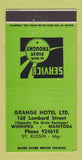 Matchbook Cover - Grange Hotel Winnipeg MB 30 Strike