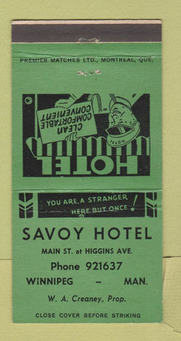 Matchbook Cover - Savoy Hotel Winnipeg MB GREEN 30 Strike