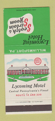 Matchbook Cover - Lycoming Hotel Scotch & Sirloin Williamsport PA 30 Strike