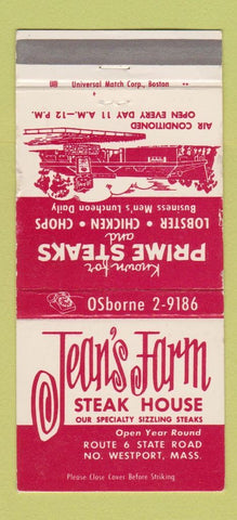 Matchbook Cover - Jean's Farm Steak House North Westport MA WEAR 30 Strike