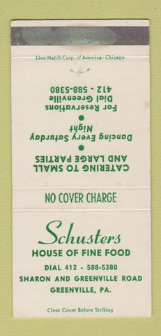 Matchbook Cover - Schusters Restaurant Greenville PA WEAR 30 Strike