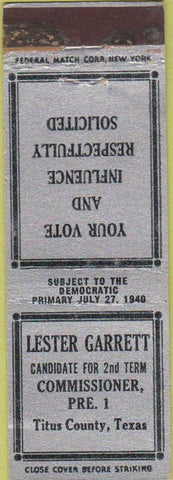 Matchbook Cover - Lester Garrett Commissioner Titus County TX Federal