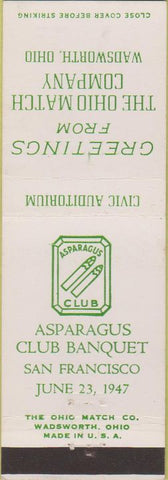 Matchbook Cover - Ohio Match Co Asparagus Club Panquet San Francisco CA 1947