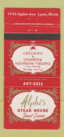 Matchbook Cover - Alphi's Steak House Lyons IL 30 Strike