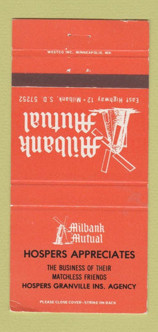Matchbook Cover - Milbank Mutual Insurance Hospers Granville SD WEAR 30 Strike