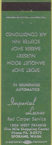 Matchbook Cover - Imperial Lanes Bowling Spokane WA