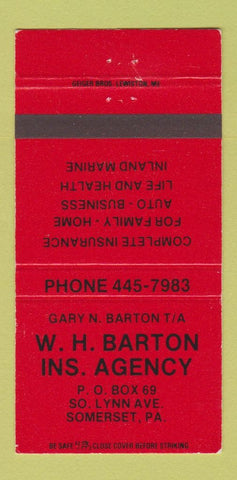 Matchbook Cover - WH Barton Insurance Agency Somerset PA 30 Strike