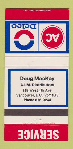 Matchbook Cover - AC Delco Doug MacKay Vancouver BC auto parts 30 Strike