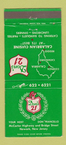 Matchbook Cover - Don's 21 Restaurant Newark NJ Italian 30 Strike