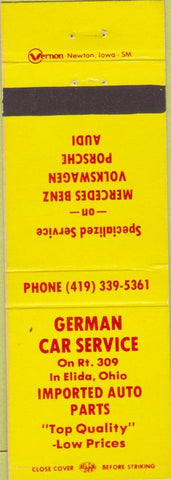 Matchbook Cover - German Car Service Elida OH Mercedes Volkswagen Porsche Audi