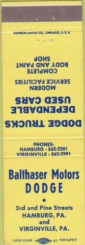 Matchbook Cover - Balthaser Motors Dodge Trucks Hamburg PA Virginville