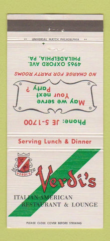 Matchbook Cover - Verdi's Italian Restaurant Philadelphia PA 30 Strike