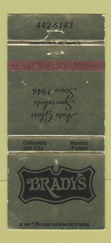 Matchbook Cover - Brady's Auto Glass Columbia Mexico Fulton MO 30 Strike