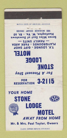 Matchbook Cover - Stone Lodge Motel Huntington WV 30 Strike
