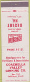 Matchbook Cover - Coachella Valley Ginning fertilizer issecticide Thermal CA