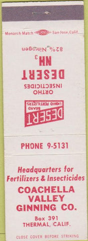 Matchbook Cover - Coachella Valley Ginning fertilizer issecticide Thermal CA