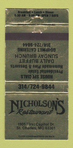 Matchbook Cover - Nicholson's Restaurant St Charles MO WEAR 30 Strike