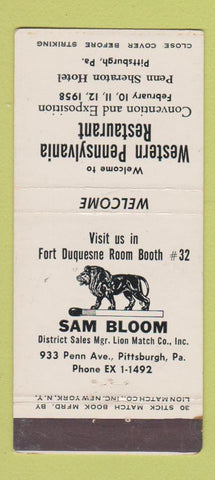Matchbook Cover - Western PA Restaurant Convention 1958 Lion Match 30 Stick