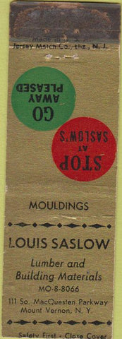 Matchbook Cover - Louis Saslow Lumber Mount Vernon NY Safety First WORN