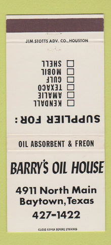 Matchbook Cover - Barry's Oil House Baytown TX Kendall Gulf Mobil gas 30 Strike