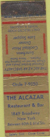 Matchbook Cover - Alcazar Restaurant New York City Safety First WORN