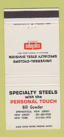 Matchbook Cover - Specialty Steels Cyclops Bill Gowder Springfield NJ 30 Strike