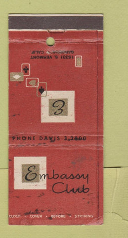 Matchbook Cover - Embassy Club Gardena CA poker Cards WORN 30 Stick