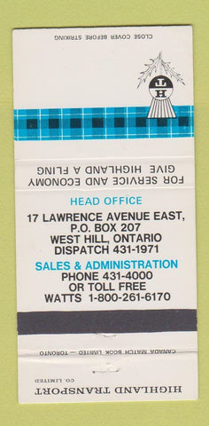 Matchbook Cover - Highland Transport Trucking West Hill ON 30 Strike