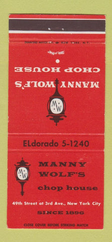 Matchbook Cover - Manny Wolf's Chop House New York City 30 Strike