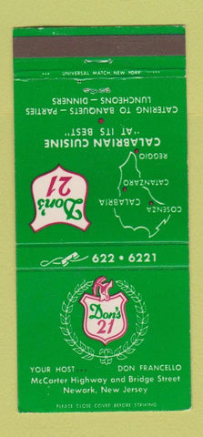 Matchbook Cover - Don's 21 Restaurant Italian Newark NJ 30 Strike