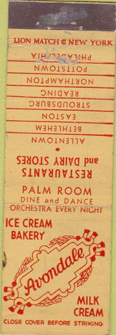 Matchbook Cover - Avondale Milk Ice Cream PA Allentown Bethlehem Easton Reading