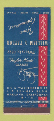Matchbook Cover - William Taylor Optometrist Glasses Oakland CA 30 Stick