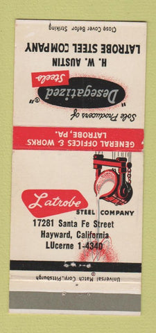 Matchbook Cover - Latrobe Steel Works Hayward CA HW Austin 30 Strike