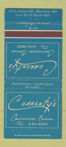 Matchbook Cover - Correnty's Restaurant Westford MA WEAR 30 Strike