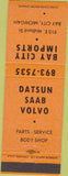 Matchbook Cover - Datsun Saab Volvo Cars Bay City MI orange